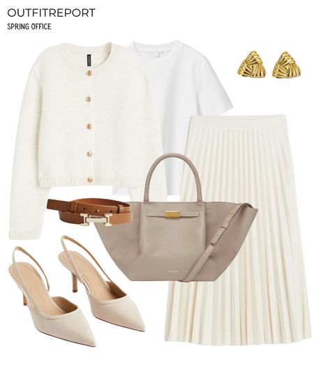 Office workwear outfit midi skirt beige pumps heels sling backs demellier handbag white tshirt and cardigan  

#LTKitbag #LTKstyletip #LTKworkwear