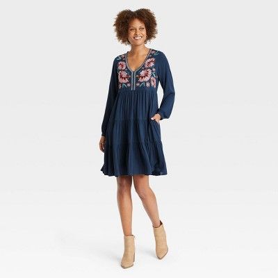 Women's Balloon Long Sleeve Embroidered Dress - Knox Rose™ Navy | Target