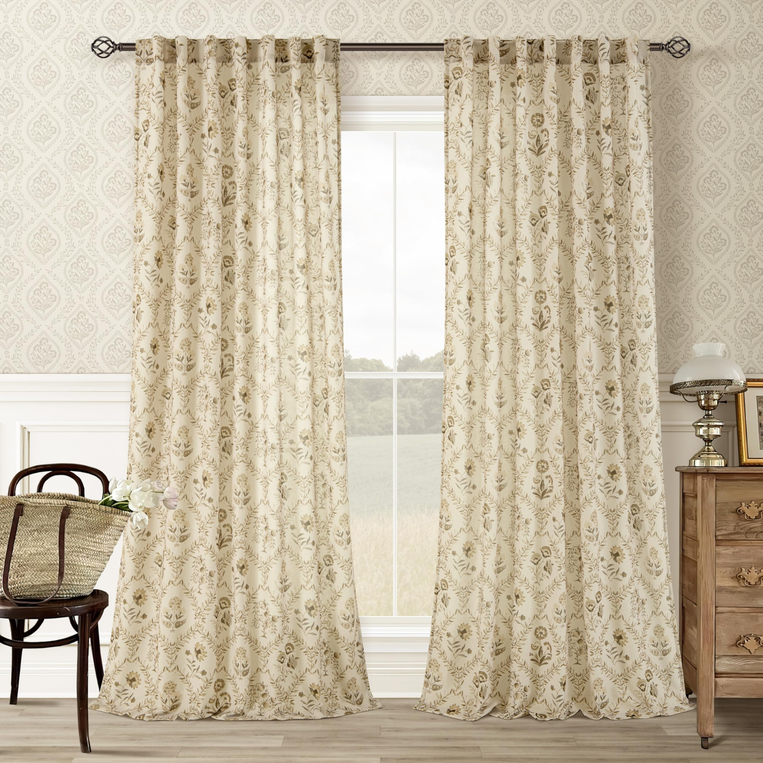 Tan Brown Floral Linen Curtains for Living Dining Room 96 Inch Length 2 Panels Beige Plant Flower... | Amazon (US)