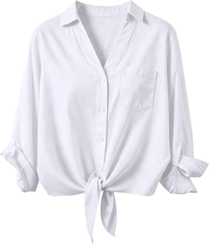 Omoone Tie Front Shirts for Women Button Down V Neck 3/4 Sleeve Loose Summer Casual Cotton Linen ... | Amazon (US)