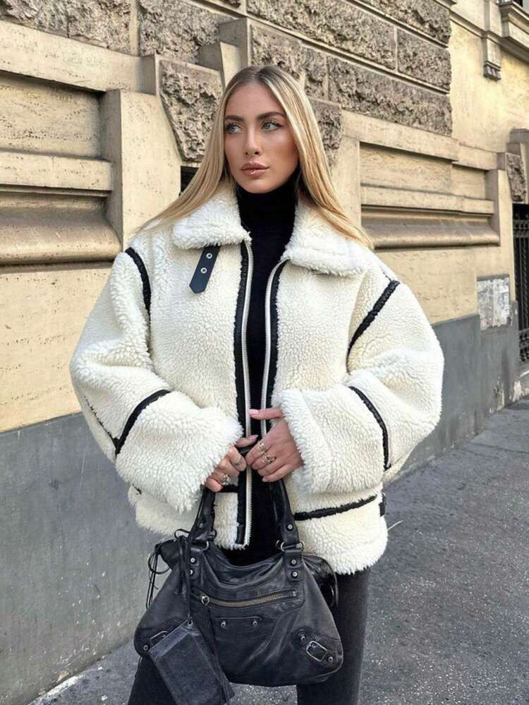 Women's Elegant Street Style Thick Jacket, Women's Winter Lapel Long Sleeve Pocket Zipper Decor C... | SHEIN