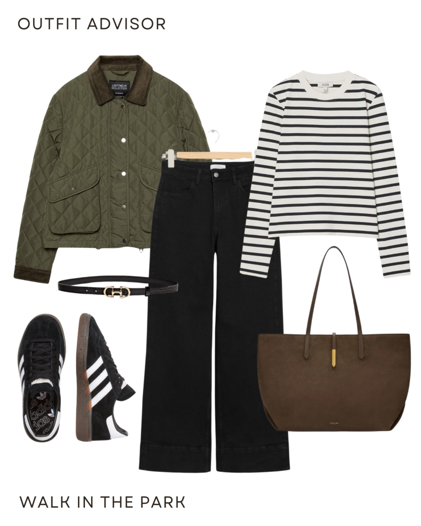 Casual autumn weather outfit inspo: a green jacket, striped long sleeve shirt, suede Demellier tote bag, adidas spezial sneakers, black jeans and a belt 

#LTKstyletip #LTKautumn #LTKmidsize
