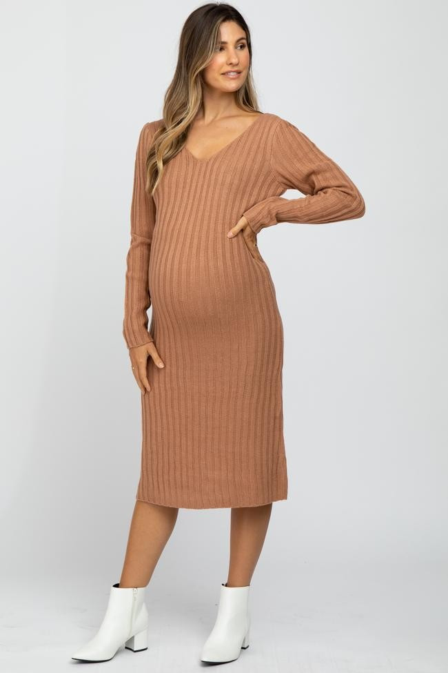 Camel Back Tie Maternity Midi Sweater Dress | PinkBlush Maternity
