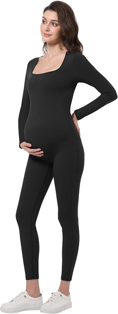 V VOCNI Maternity Jumpsuit Women's Square Neck Long Sleeve Bodycon T Shirts Yoga Leggings Romper ... | Amazon (US)