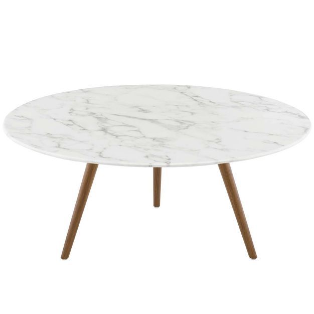 36" Lippa Round Artificial Marble Coffee Table with Tripod Base Walnut/White - Modway | Target