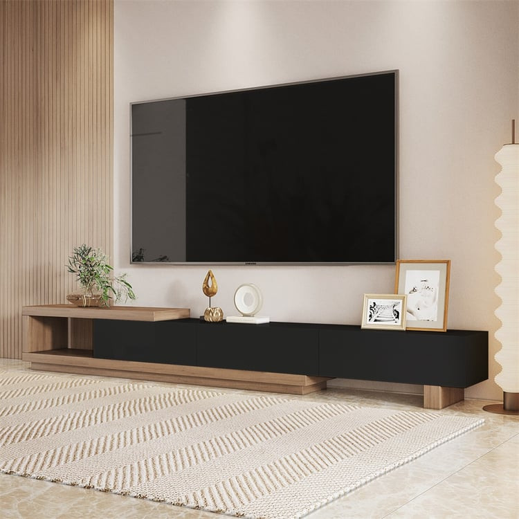 Quoint 100.4" Modern Black TV Stand Retracted & Extendable 3-Drawer Media Console Walnut | Homary | Homary