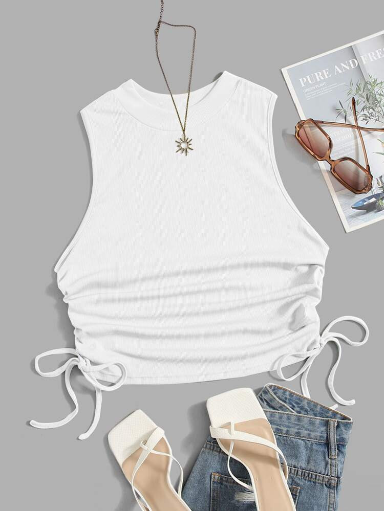 Plus Rib Knit Drawstring Ruched Tank Top | SHEIN