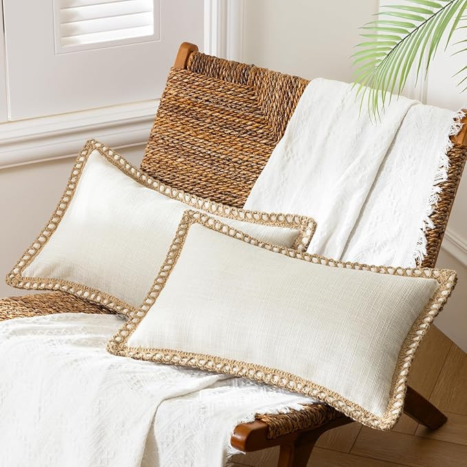 Phantoscope Pack of 2 Farmhouse Decorative Throw Decorative Pillow Cover Burlap Linen Trimmed Tai... | Amazon (US)