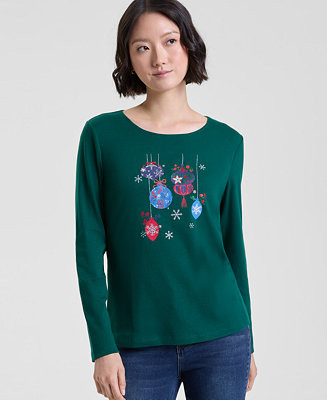 Holiday Lane Women's Ornaments Long-Sleeve Top, S-4X, Macy's Exclusive - Macy's | Macy's