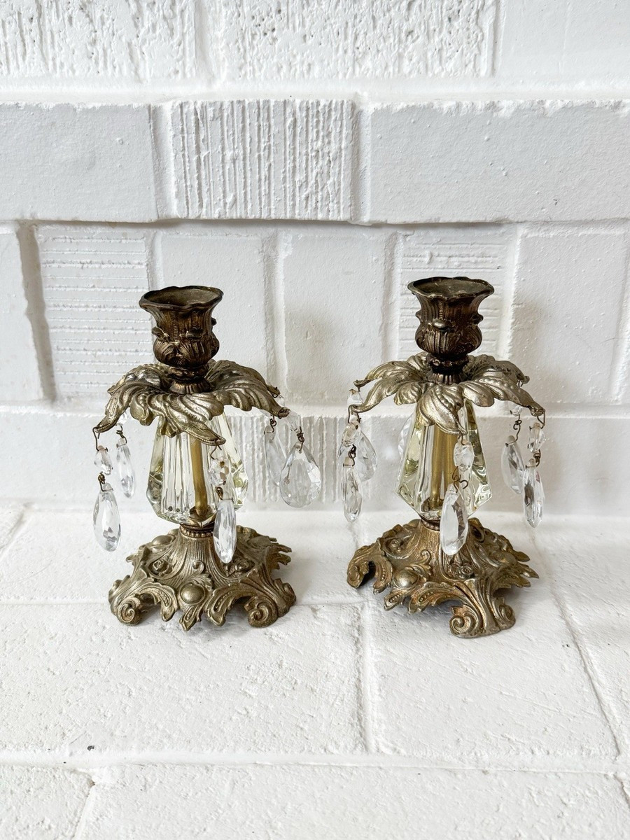 VTG Hollywood Regency Crystal/Glass Gold Cast Metal Candlesticks Holders MCM Set | eBay US