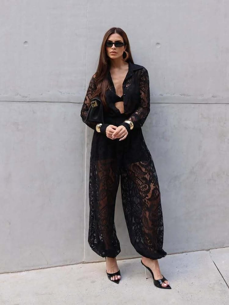 Lace See Through Two Piece For Women Long Sleeve Lapel V Neck Top High Waist Harem Pants Street C... | Amazon (US)