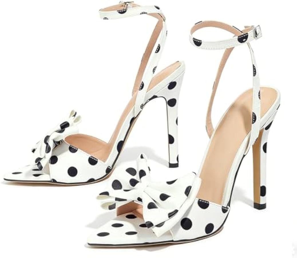 Women's Polka Dots Bow Point Open Toe Stiletto Sandals Criss Ankle Buckle Slingback Heeled Sandal... | Amazon (US)