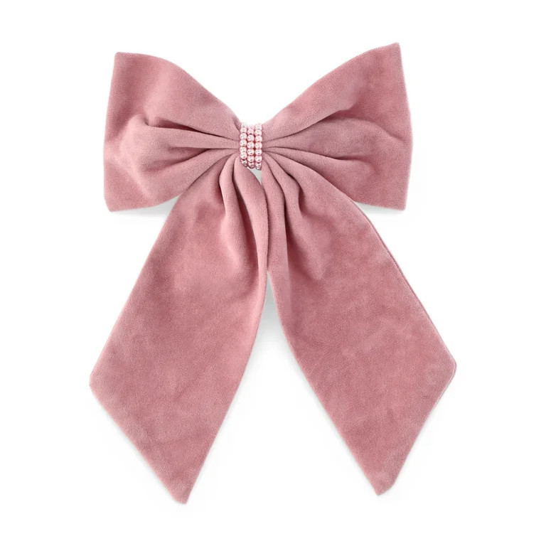 Time and Tru Women's Velvet Bow Hair Barrette Clip with Faux Pearl Detail, Pink | Walmart (US)