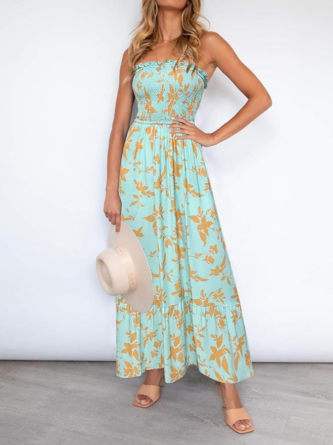 ZESICA Women's Summer Bohemian Floral Printed Strapless Beach Party Long Maxi Dress | Amazon (US)