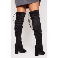 Black Wide Fit Faux Suede Round Toe Block Heel Over The Knee Boots, Black | PrettyLittleThing UK