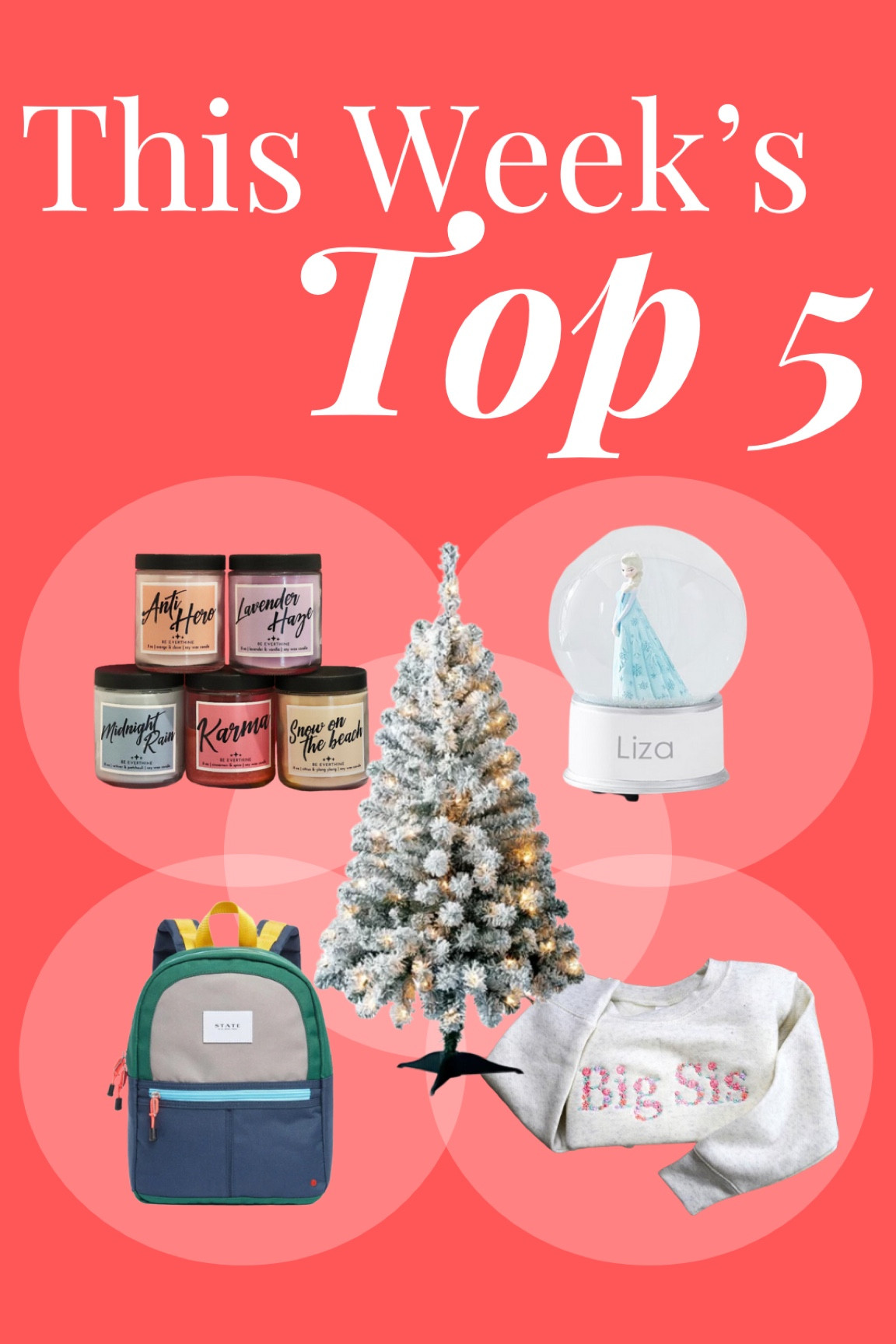 This week’s Top 5! A few of your top purchases this week! Taylor Swift candle, Frozen snow globe, State backpack, Big Sis floral sweatshirt, small flocked tree 

#LTKfindsunder100 #LTKSeasonal #LTKhome