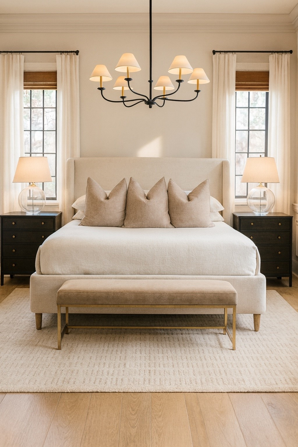 Primary bedroom furniture, master bedroom, guest bedroom, traditional bedroom, transitional bedroom, nightstand, upholstered bed, area rug, bedroom bench, bedroom chandelier, lamp, pottery barn, casterly, bedroom lamp, neutral bedroom, curtains, neutral curtains, triple pleat pinch curtains, affordable furniture, good quality furniture, wayfair, Loloi rug 

#LTKHome #LTKFamily #LTKFindsUnder100