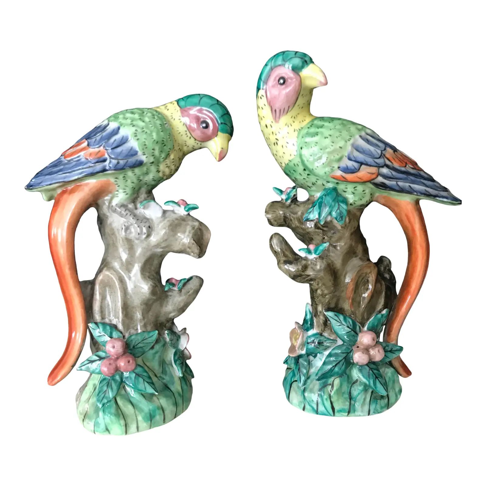 Vintage Hand Painted Colorful Ceramic Long Tail Parrots- a Pair | Chairish
