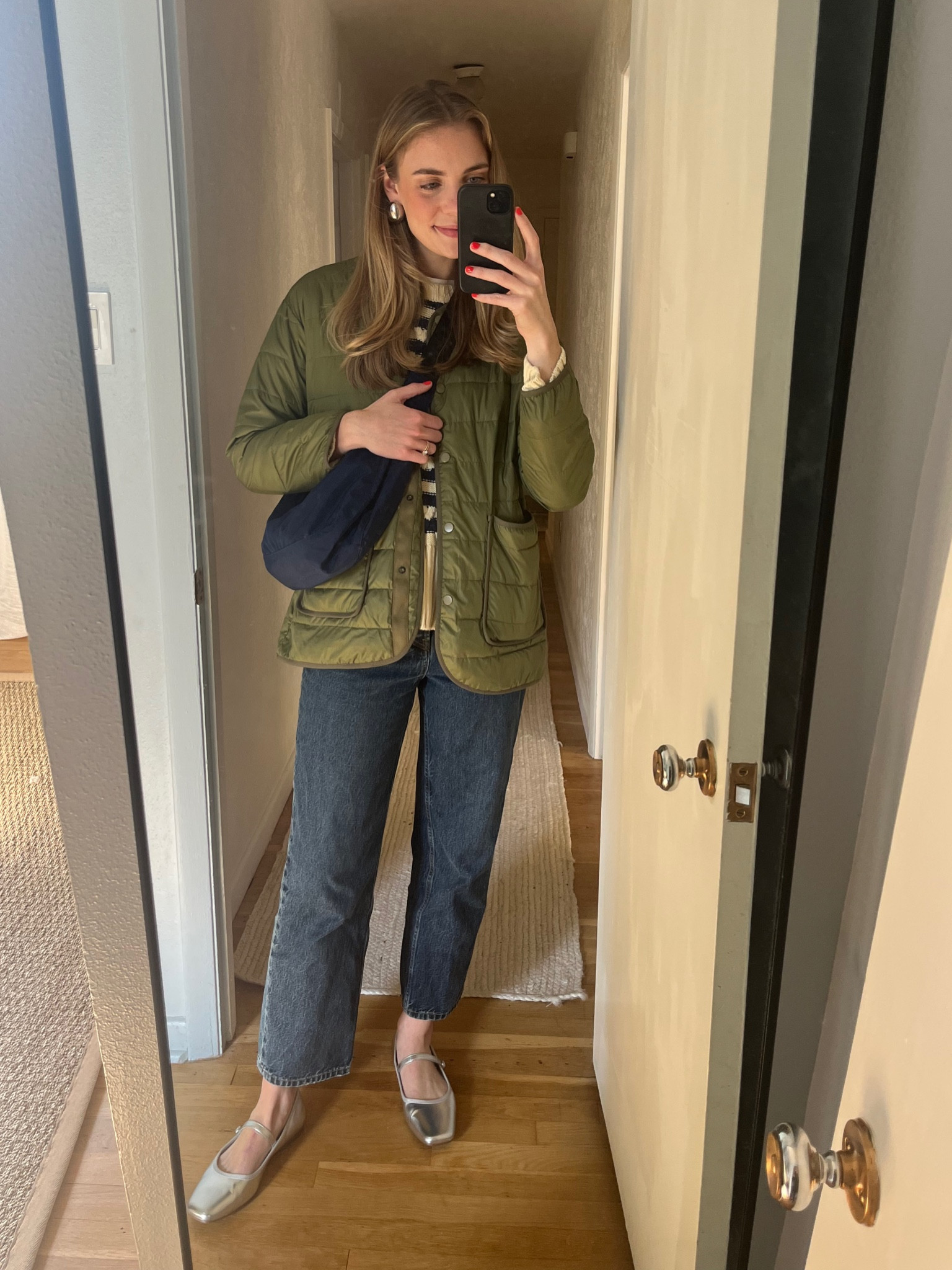 Easy winter outfit! Love this color combination! #ltkunder50 #texaswinter #quiltedjacket #lightcoat #amazonstyle #amazonfinds #maryjane #silver #baggu 
#casual #crossbody #affordablefashion

#LTKfindsunder100 #LTKfindsunder50 #LTKsalealert