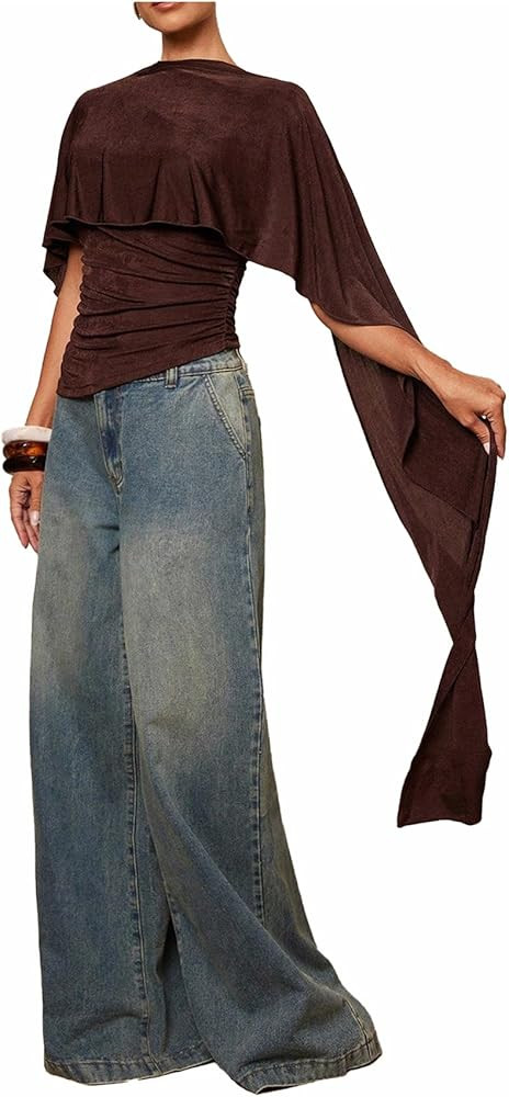 OYOANGLE Women's Off The Shoulder Ruffle Ruched Poncho Cape Blouse Tops Asymmetrical Fitted Going... | Amazon (US)