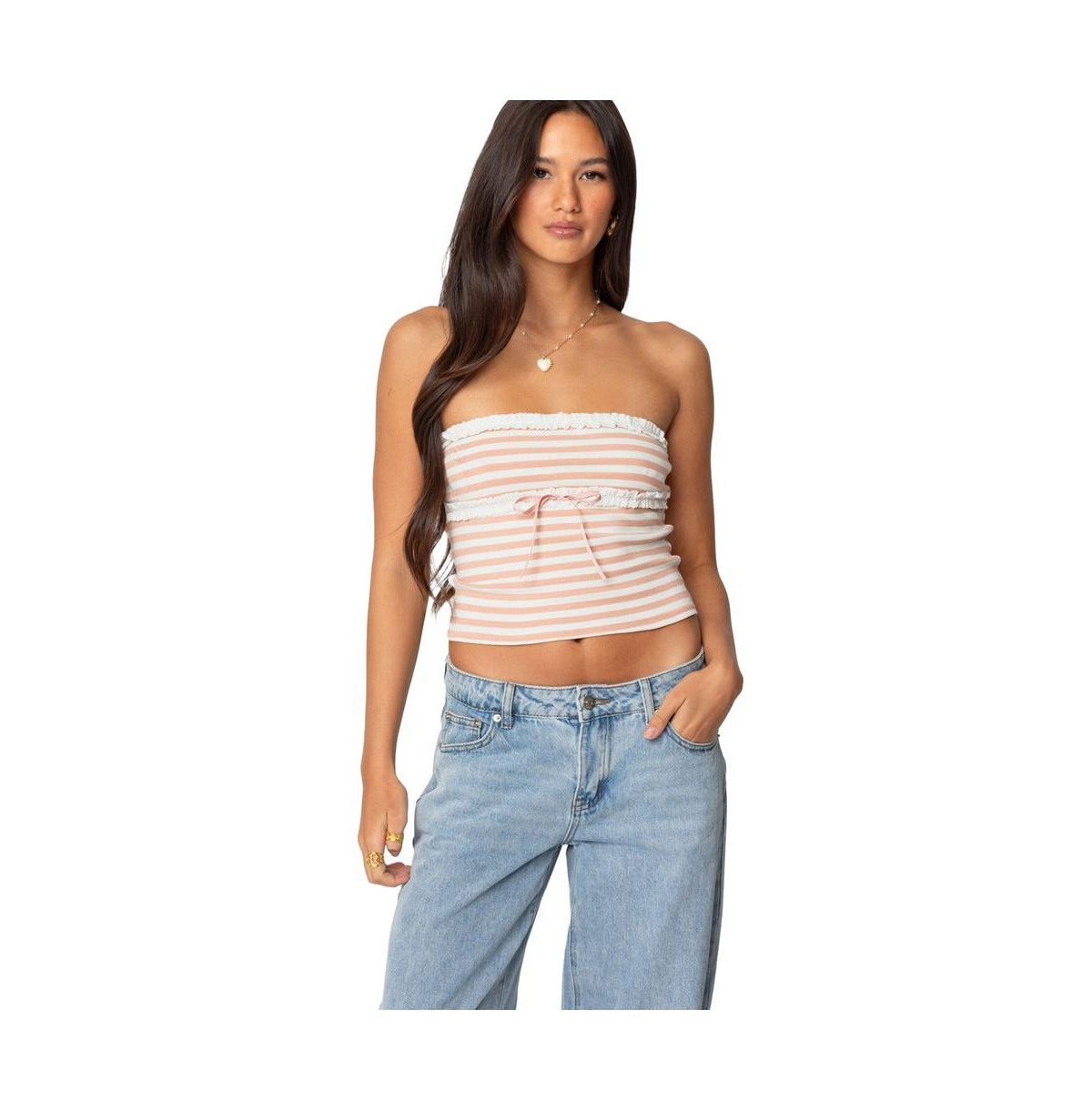 Edikted Women's Striped Eyelet Trim Tube Top - Pink | Macy's