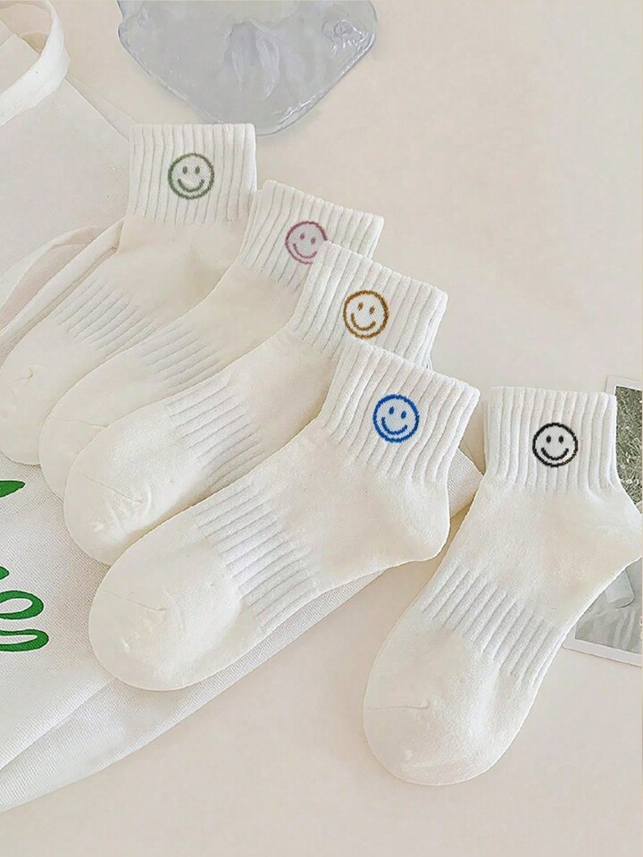 5pairs/Set Women's Simple Ins Style White Smiling Face Short Socks | SHEIN
