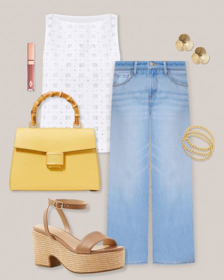 Eyelet top
White tank
Wide leg jeans
Gold floral earrings
Yellow bag
Platform sandals
Gold bracelets
Pink lip gloss
Summer outfit
Casual outfit
Weekend outfit 

#LTKStyleTip #LTKSeasonal #LTKFindsUnder100