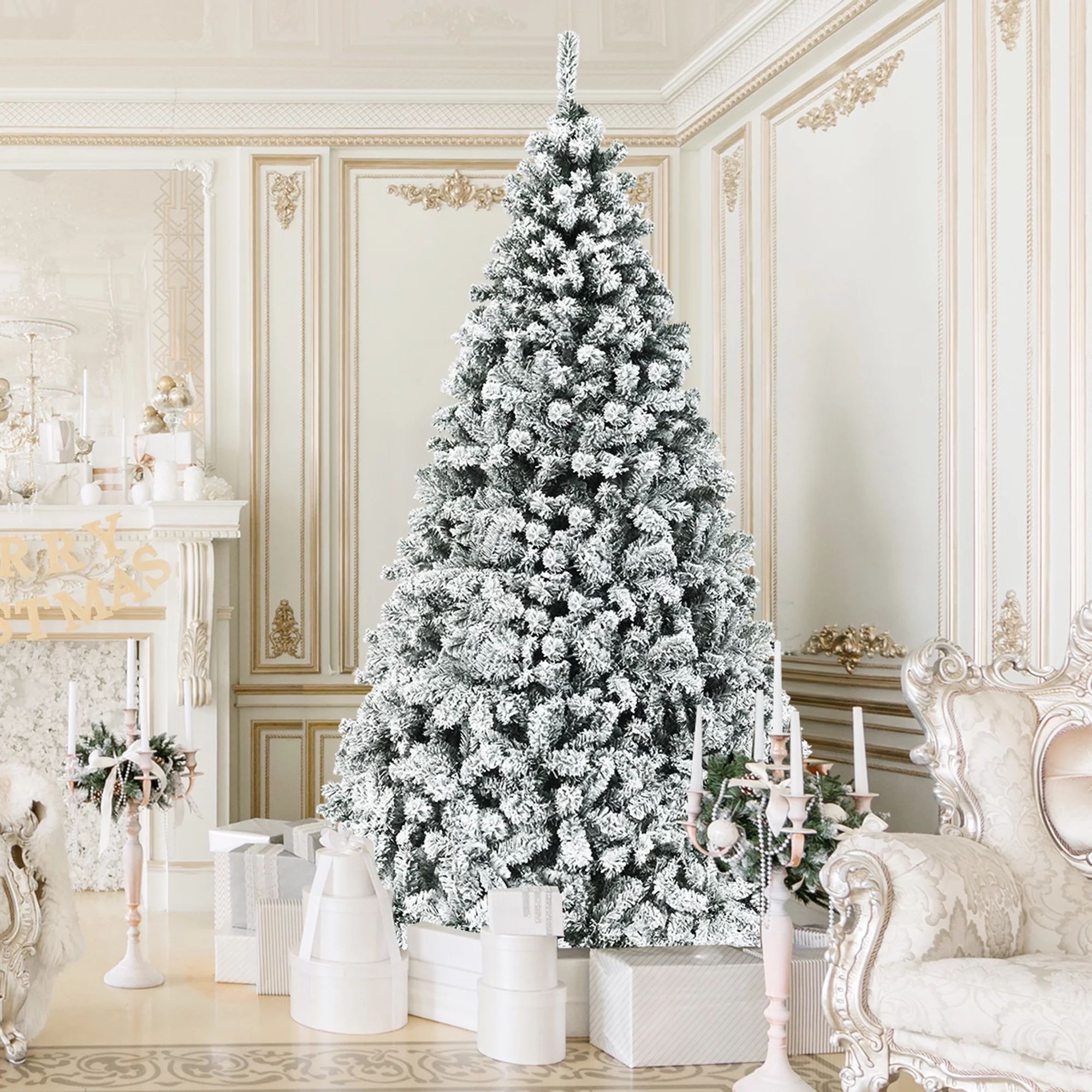 Gymax Warm White Prelit LED Green Pine Snow Flocked Hinged Pine Christmas Tree, with Metal Stand ... | Walmart (US)