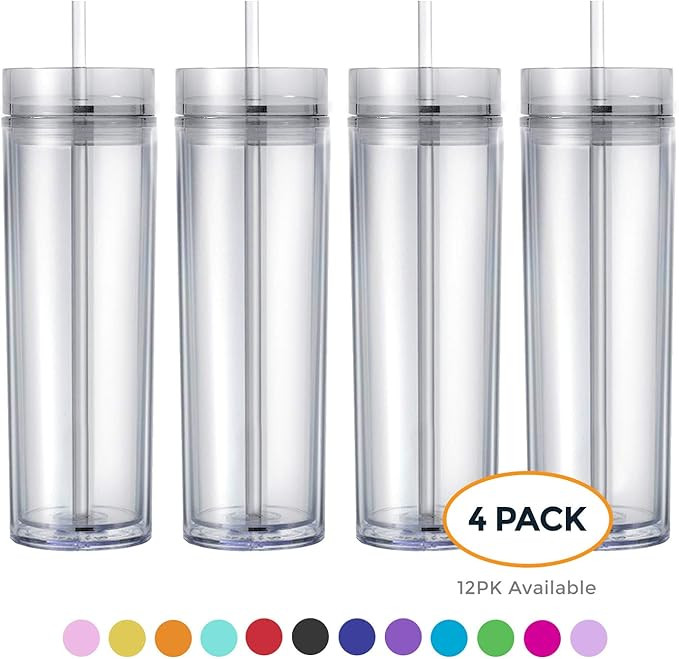 Maars Drinkware Double Wall Insulated Skinny Acrylic Tumblers with Straw and Lid, 16 oz. (4 pack,... | Amazon (US)