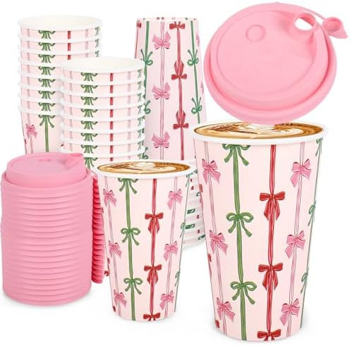 Whaline 50 Set Christmas Disposable Coffee Cups with Lids Pink Red Green Bow Paper Cup Holiday Dr... | Amazon (US)