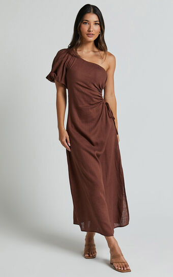 Victoria Midi Dress - Linen Look One Shoulder Puff Sleeve Cut Out Dress in Chocolate | Showpo (US, UK & Europe)