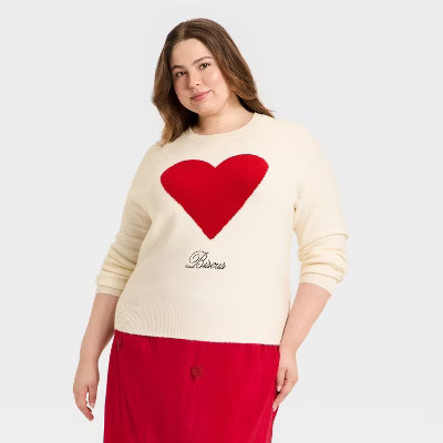 Women's Valentine's Pullover Heart Sweater - A New Day™ Cream 1X | Target