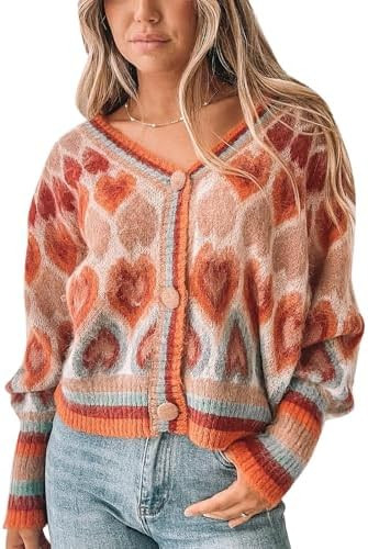 Women's Cute Sweater Cardigan Heart Print Y2K Button Open Front Cardigans V Neck Cropped Knitted ... | Amazon (US)