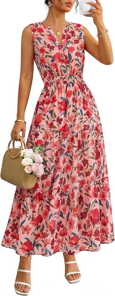 ZESICA Women's Summer Boho Floral Sleeveless Midi Dress 2026 V Neck Elastic High Waist Flowy Casu... | Amazon (US)