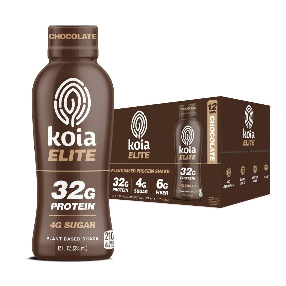 Koia Elite Plant Based Protein Shake, Chocolate, 32g Protein, 4g Sugar, 6g Prebiotic Fiber, Pre &... | Amazon (US)