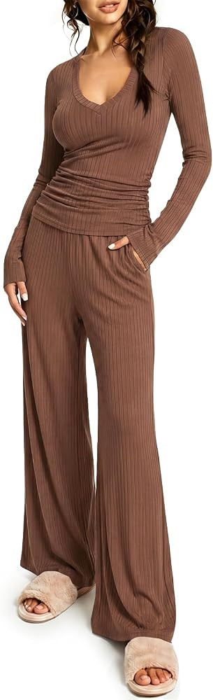 Kolagri Pajamas for Women Set 2 Piece Outfits Ribbed Lounge Pjs Loungewear | Amazon (US)