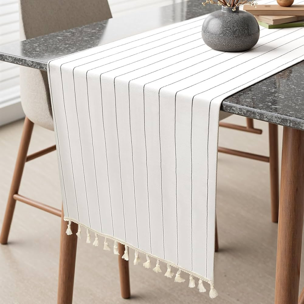 VIV CHERBL​Boho Summer Striped Table Runner - Black & White 72x15Inch Long Table Runner, Cotton... | Amazon (US)