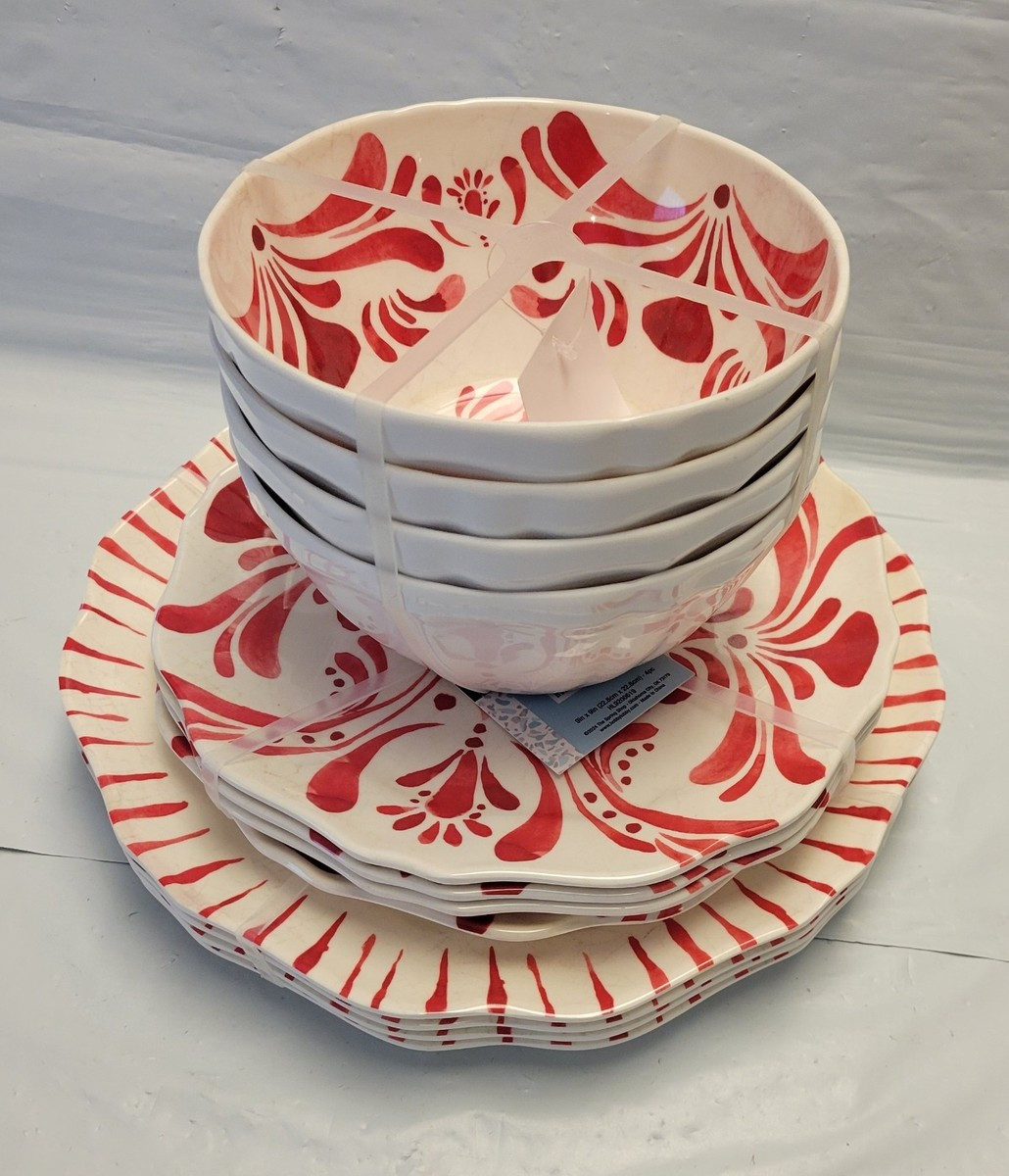 Hobby Lobby 12pc Melamine Red Puebla Scalloped Dinner Salad Plates Bowls For 4 | eBay US