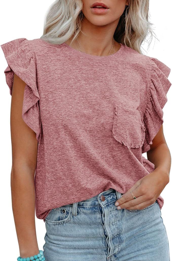 Onedreamer Women's Summer Sleeveless Tops Casual Loose Ruffle Cap Sleeves Shirts Solid Crewneck T... | Amazon (US)
