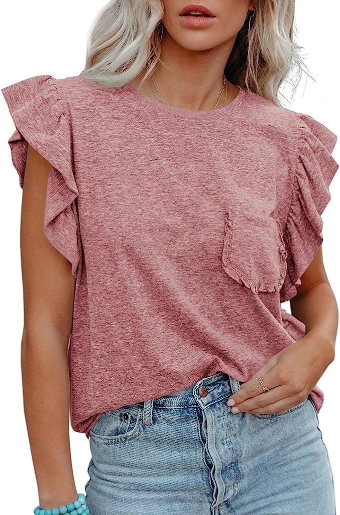 Onedreamer Women's Summer Sleeveless Tops Casual Loose Ruffle Cap Sleeves Shirts Solid Crewneck T... | Amazon (US)