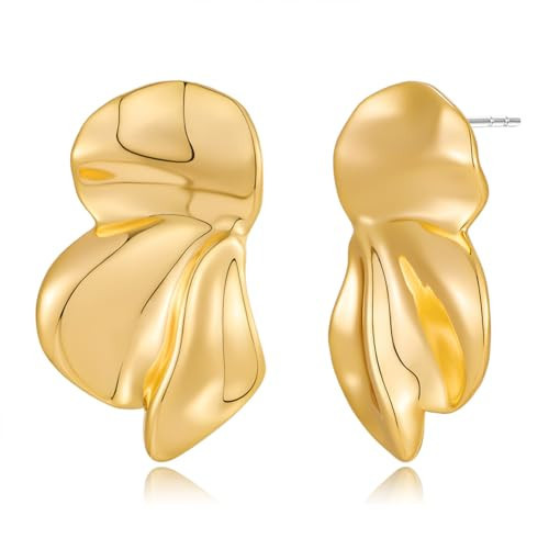 FAUTHENTICUTE Shiny Gold Flower Dangle Earrings For Women Irregular Half Floral Statement Boho Summer Earrings | Amazon (US)