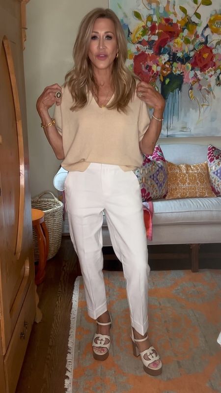 Coastal grandmother vibes in a gorgeous look from Brochu Walker!  The cashmere sweater is so soft and pairs perfectly with the white linen pants.  My shoes are platform wooden heel sandals from Gucci and go with everything!  

#LTKSeasonal #LTKShoeCrush #LTKStyleTip