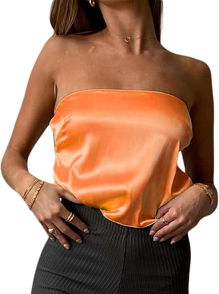 KMBANGI Strapless Crop Top for Women Satin Backlesss Tie Up Tube Top Sleeveless Bandeau Bustier T... | Amazon (US)