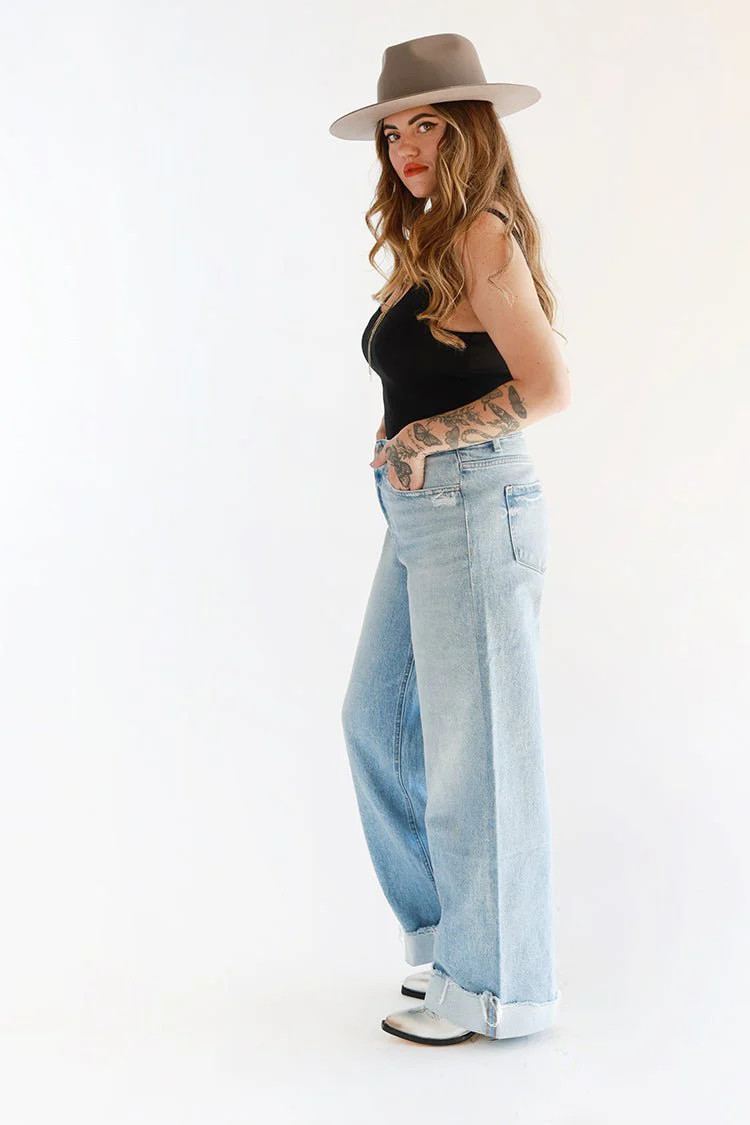Light Wash Cuffed Wide Leg Jeans | Flea Style