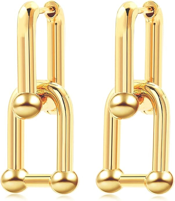 14k Gold Plated Ball U Shape Pin Y2K Style Chunky Earring Link Chain Chunky Circle Hoop Earrings ... | Amazon (US)