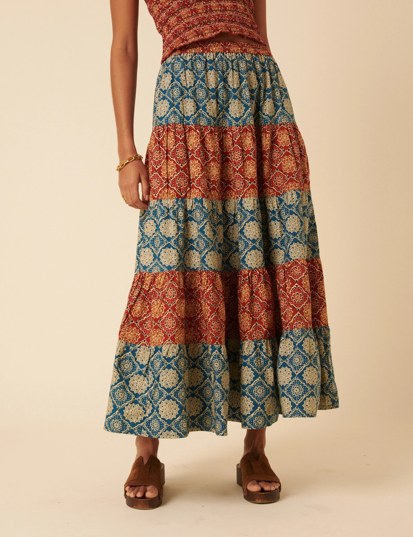 Tile Printed Tiered Midi Skirt | Nobody's Child