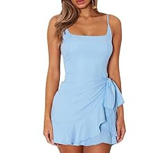 AIMCOO Women's Casual Ruffle Hem Solid Wrap Dress Spaghetti Strap Front Tie Knot Short Dresses | Amazon (US)