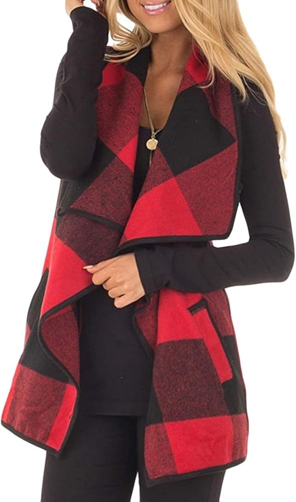 Yacun Women Vest Lapel Open Front Buffalo Plaid Sleeveless Cardigan Jacket Coat with Pockets | Amazon (US)