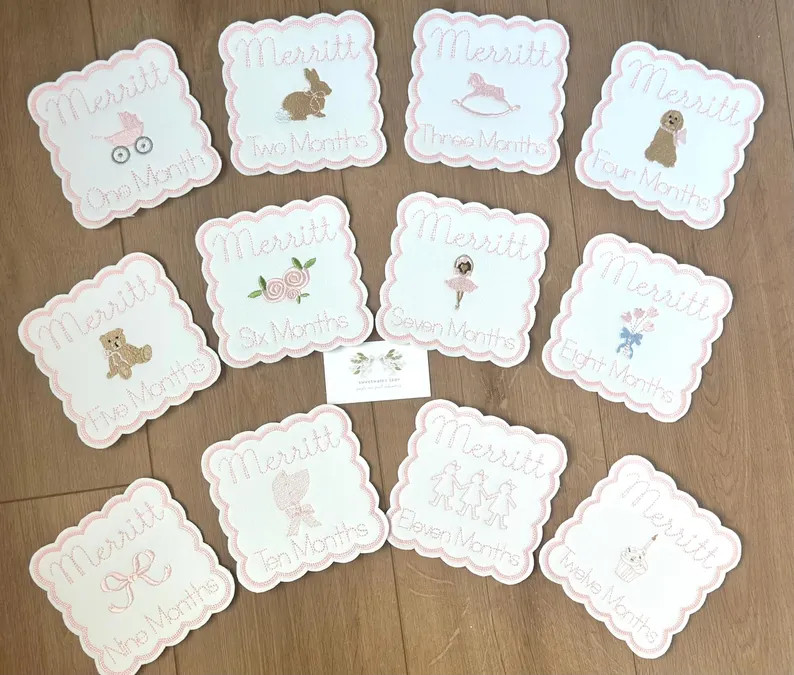 Embroidered Custom Baby Monthly Milestone Cards With Custom Designs, Monogrammed - Etsy | Etsy (US)