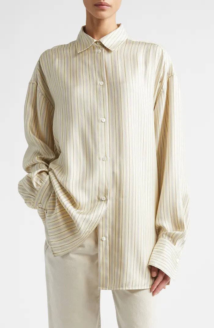 Oversize Stripe Silk Button-Up Shirt | Nordstrom